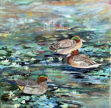 Painting titled "Teal and Widgeon" by Ann Dunbar, Original Artwork, Acrylic Mounted on Wood Stretcher frame