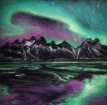 Drawing titled "Nuit aurore boreale" by Ann Schirmeyer, Original Artwork, Pastel Mounted on Wood Panel