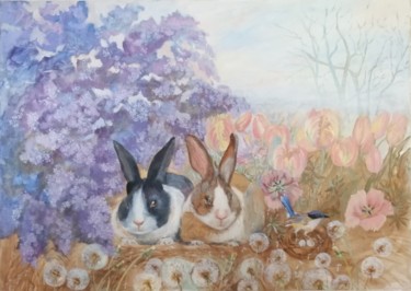 Painting titled "Romantic rabbit" by Anna Aleksanyan, Original Artwork, Oil