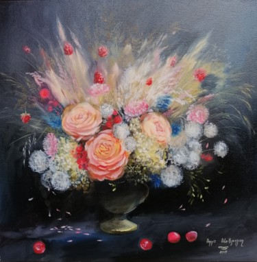 Painting titled "Beauty flowers" by Anna Aleksanyan, Original Artwork, Oil Mounted on Wood Stretcher frame
