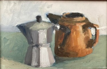 Painting titled "Coffee maker" by Anna, Original Artwork, Oil Mounted on Cardboard
