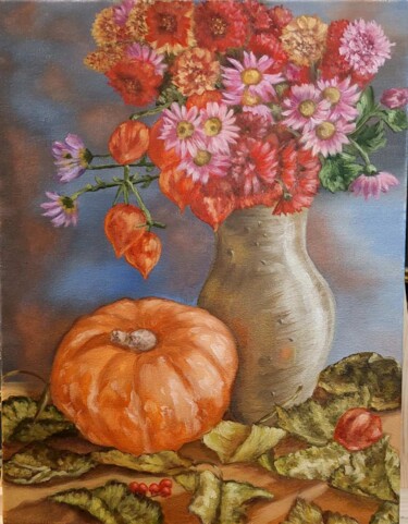 Painting titled "Autumn still life" by Anna Afanas Eva, Original Artwork, Oil Mounted on Wood Stretcher frame