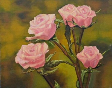 Painting titled "Pink Roses" by Anna Afanas Eva, Original Artwork, Oil