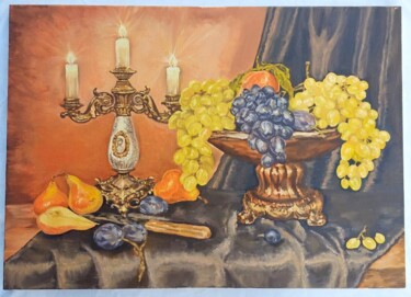 Painting titled "Baroque still life" by Anna Afanas Eva, Original Artwork, Oil Mounted on Wood Stretcher frame