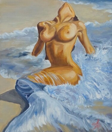 Painting titled "The Mermaid" by Anna Afanas Eva, Original Artwork, Oil Mounted on Wood Stretcher frame