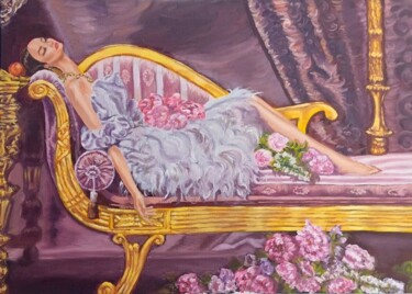 Schilderij getiteld "The Lady on the sofa" door Anna Afanas Eva, Origineel Kunstwerk, Olie Gemonteerd op Frame voor houten b…