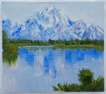 Картина под названием "Озеро в горах" - Анна Афанасьева, Подлинное произведение искусства, Масло Установлен на Деревянная ра…
