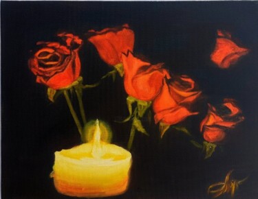 "Розы и свеча" başlıklı Tablo Анна Афанасьева tarafından, Orijinal sanat, Petrol Ahşap Sedye çerçevesi üzerine monte edilmiş
