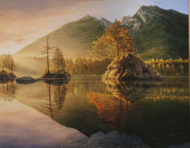 Schilderij getiteld "Henterse lake" door Anna Agasieva, Origineel Kunstwerk, Olie Gemonteerd op Frame voor houten brancard