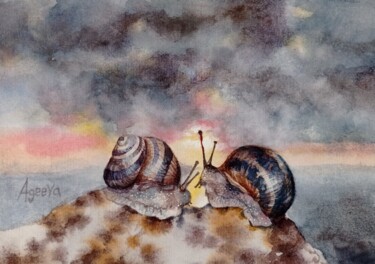 Painting titled "Snails in love" by Anna Ageeva, Original Artwork, Watercolor