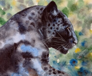 Painting titled "Black panther portr…" by Anna Ageeva, Original Artwork, Watercolor