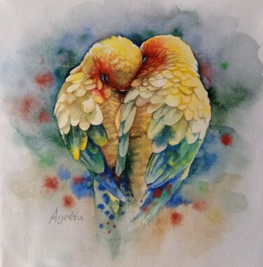 Peinture intitulée "The parrots hug." par Anna Ageeva, Œuvre d'art originale, Aquarelle
