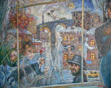 Pittura intitolato "Натурщицы у окна в…" da Anna Iaguzhinskaia, Opera d'arte originale, Olio