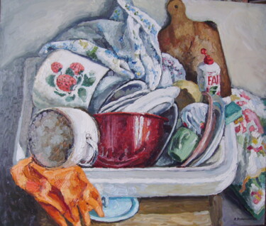 Картина под названием "Немытая посуда" - Анна Ягужинская, Подлинное произведение искусства, Масло