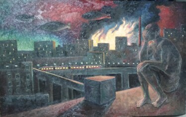 Pintura titulada "Огонь за городом" por Anna Iaguzhinskaia, Obra de arte original, Oleo