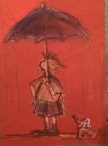 Drawing titled "Мальчик и дождь" by Anna Ama, Original Artwork, Pastel