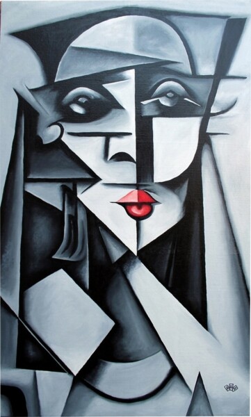 Painting titled "Lady. Black and whi…" by Anna Alekberova, Original Artwork, Oil Mounted on Wood Stretcher frame
