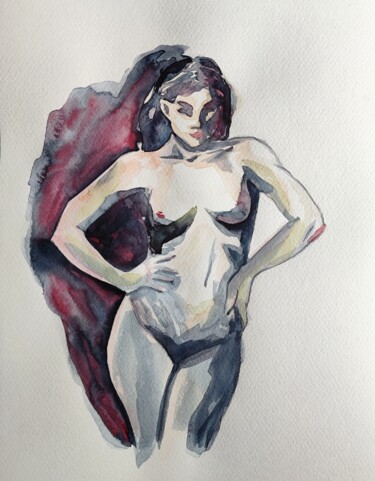 Painting titled "Modèle nue 3" by Anna An, Original Artwork, Watercolor