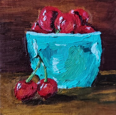 Painting titled "vase de cerise" by Anna An, Original Artwork, Oil Mounted on Cardboard