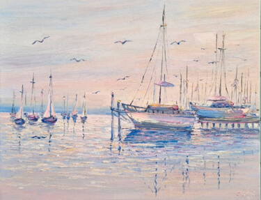 Картина под названием "Море лодки пейзаж к…" - Anna Antonova, Подлинное произведение искусства, Масло Установлен на Деревянн…