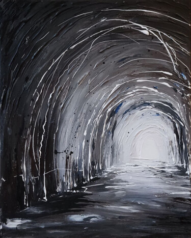 Painting titled "A light at the end…" by Anna Artemieva, Original Artwork, Acrylic Mounted on Wood Stretcher frame