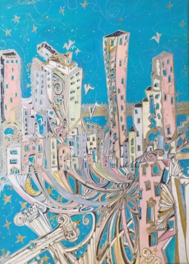 「BRIDGE NY」というタイトルの絵画 Anna Aspasia Theodorakisによって, オリジナルのアートワーク, アクリル ウッドストレッチャーフレームにマウント