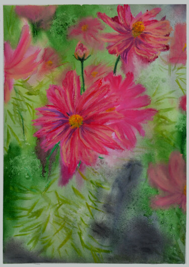 Painting titled "Cosmos in the garden" by Anna Baranova, Original Artwork, Watercolor