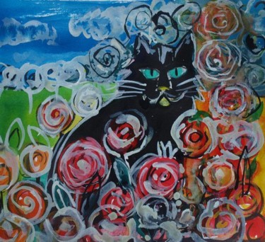 Malarstwo zatytułowany „CAT IN GARDEN” autorstwa Anna  Bardzka, Oryginalna praca, Olej
