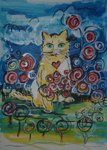 Malarstwo zatytułowany „CAT WITH FLOWERS” autorstwa Anna  Bardzka, Oryginalna praca, Olej