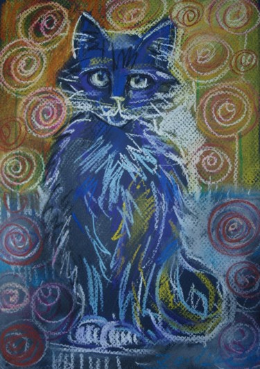 Malarstwo zatytułowany „CAT BLUE” autorstwa Anna  Bardzka, Oryginalna praca, Olej