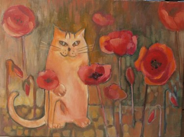 Painting titled "CAT AND  FLOWERS" by Anna  Bardzka, Original Artwork, Oil