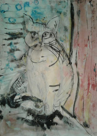 Painting titled "CAT GREY" by Anna  Bardzka, Original Artwork, Ink