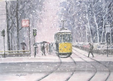 Painting titled "Nevicata a milano" by Anna Battistotti, Original Artwork, Watercolor