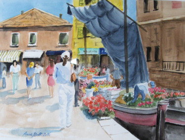 Painting titled "Mercato dei fiori a…" by Anna Battistotti, Original Artwork, Watercolor