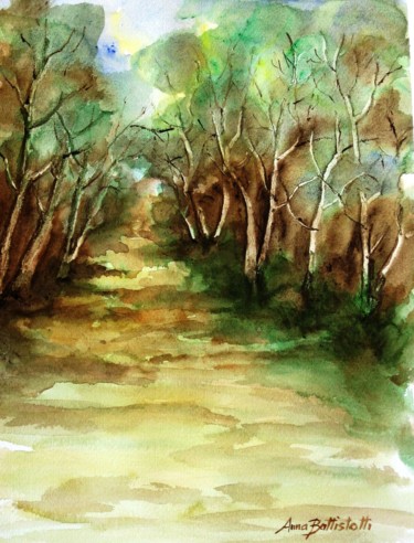 Painting titled "Luci nel bosco" by Anna Battistotti, Original Artwork, Watercolor