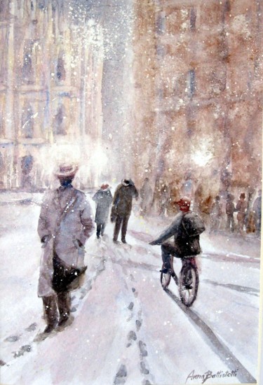 Painting titled "Nevicata in Piazza…" by Anna Battistotti, Original Artwork, Watercolor