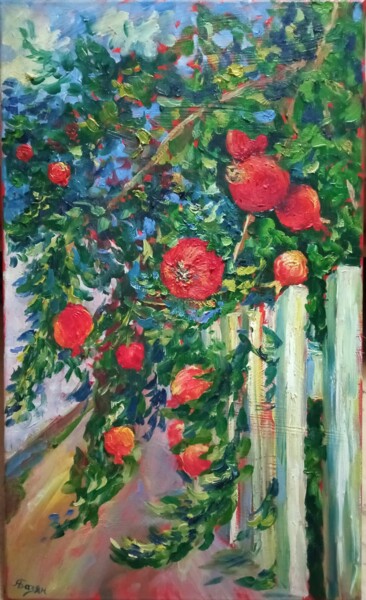 Painting titled "Ветка граната" by Anna Bazan, Original Artwork, Oil