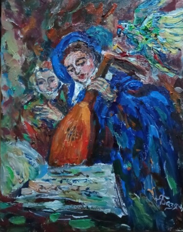 Peinture intitulée "Дети с лютней и поп…" par Anna Bazan, Œuvre d'art originale, Huile