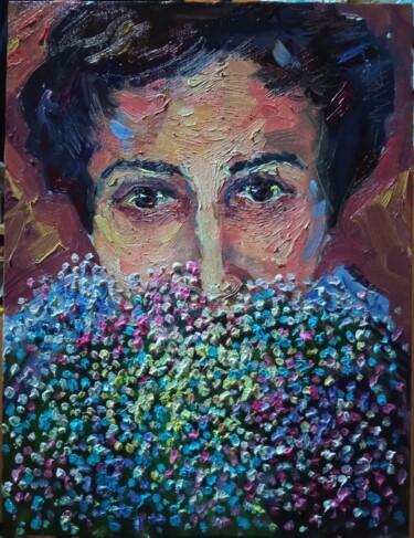 Картина под названием "Автопортрет с букет…" - Анна Базян, Подлинное произведение искусства, Масло