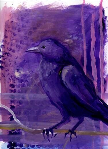 Painting titled "Crow in purple - ac…" by Anna Beglyakova, Original Artwork, Acrylic