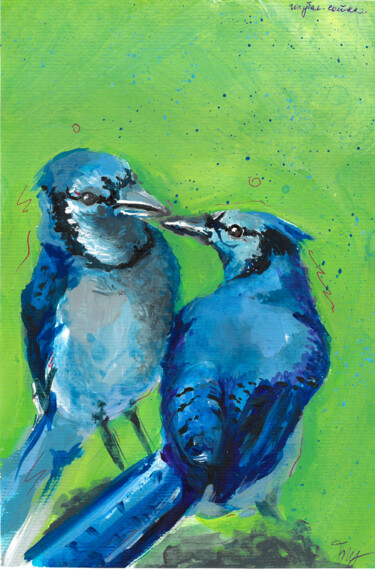 Pintura titulada "BLUE JAY PAIR - blu…" por Anna Beglyakova, Obra de arte original, Acrílico