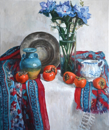 Painting titled "Blue with red" by Anna Belan, Original Artwork, Oil