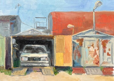 Painting titled "loved one's garage" by Anna Belov, Original Artwork, Oil Mounted on Wood Stretcher frame