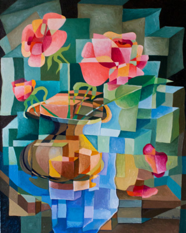Pintura titulada "Кубические розы" por Anna Berezina, Obra de arte original, Oleo Montado en Panel de madera