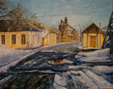 Painting titled "Шахтный двор в марте" by Anna Berezina, Original Artwork, Oil