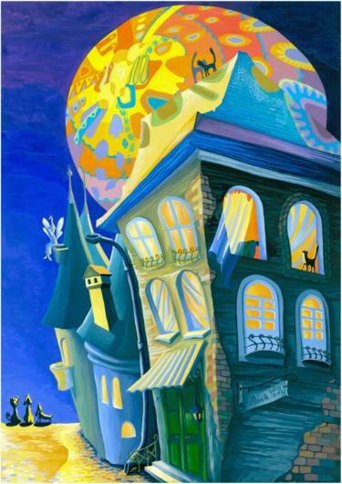 Schilderij getiteld "Луна над городом" door Anna Berezina, Origineel Kunstwerk, Gouache