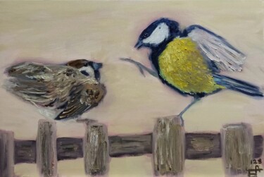 Painting titled "Titmouse and swallow" by Anna Berlinskaia, Original Artwork, Oil