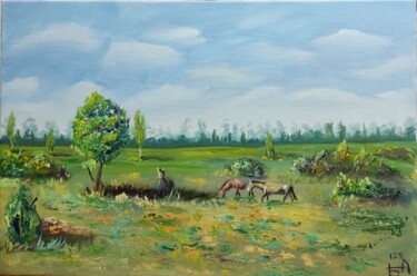 Painting titled "Przewalski's horses" by Anna Berlinskaia, Original Artwork, Oil