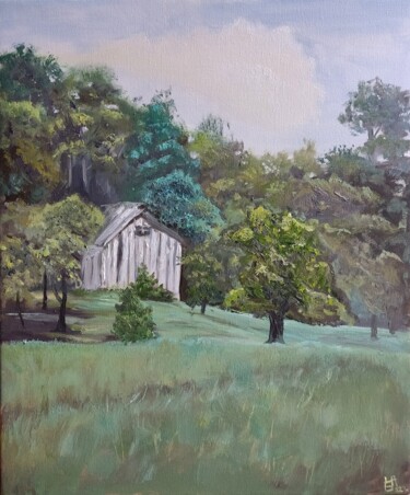 Painting titled "White barn" by Anna Berlinskaia, Original Artwork, Oil
