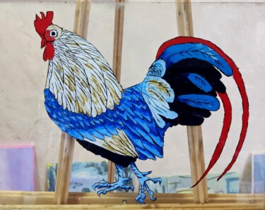 Painting titled "Blue rooster" by Anna Berlinskaia, Original Artwork, Acrylic